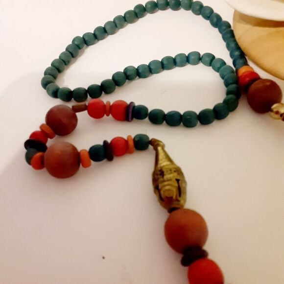 📿VINTAGE 70'S WOODEN BRASS BOHO HIPPIE STYLE NECKLACE 📿 - Picture 5 of 11